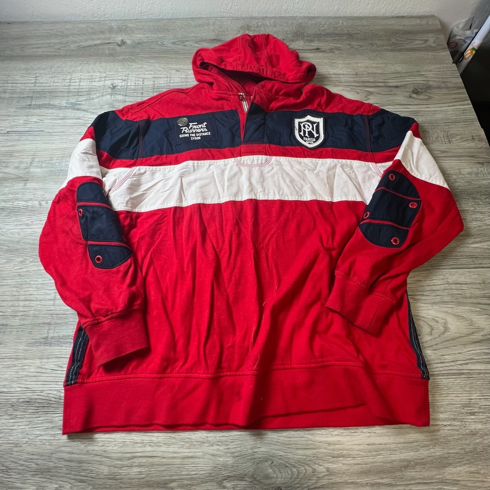 Parish Nation Hoodie Mens 2XL Red Colorblock Rugby Pullover Sleeve Pockets N8